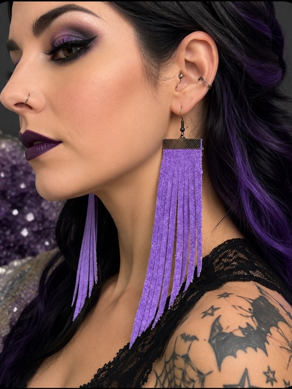 Deep Purple Fringe Earrings | Leather Fringe | Raven’s Wings | Boho Jewelry